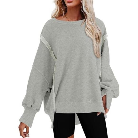Oversized Reverse Seam Sweatshirt, Casual Long Sleeve Lightweight Pullover, Gray - Picture 1 of 7